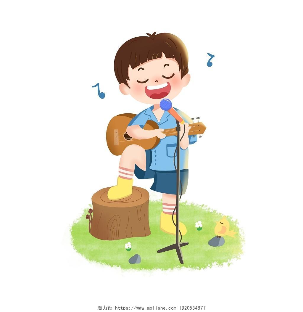 小男孩唱歌弹吉他快乐的场景卡通人物夏天艺术元素